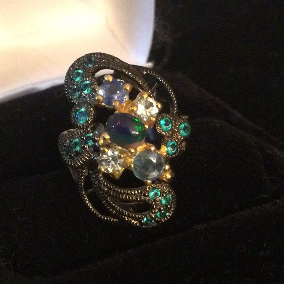 Genuine Black Opal Ring With Sapphires - Picture 2 of 11